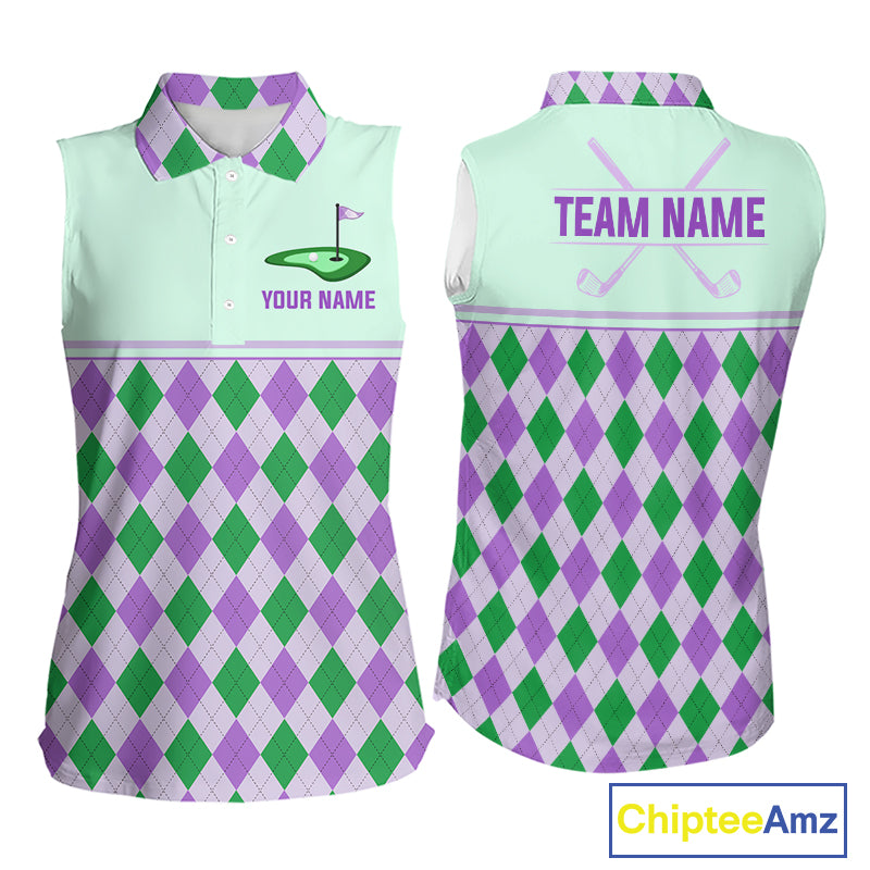 Green Purple Argyle Golf Polo Shirt Personalized Womens Sleeves Golf Shirt Golf Outfit Family Team Shirts NHT1397