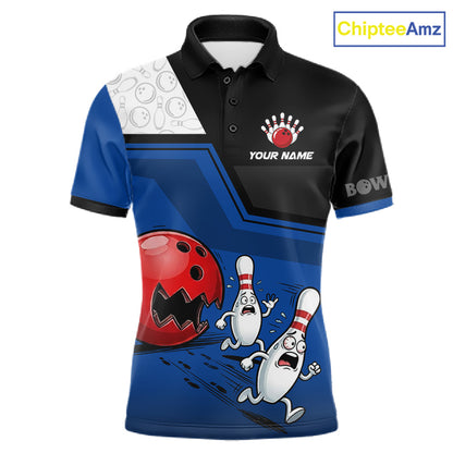 Custom Men Bowling Team Polo Shirt Blue Funny Pins Ball Design, Personalized Bowling Team Jersey NHT1560