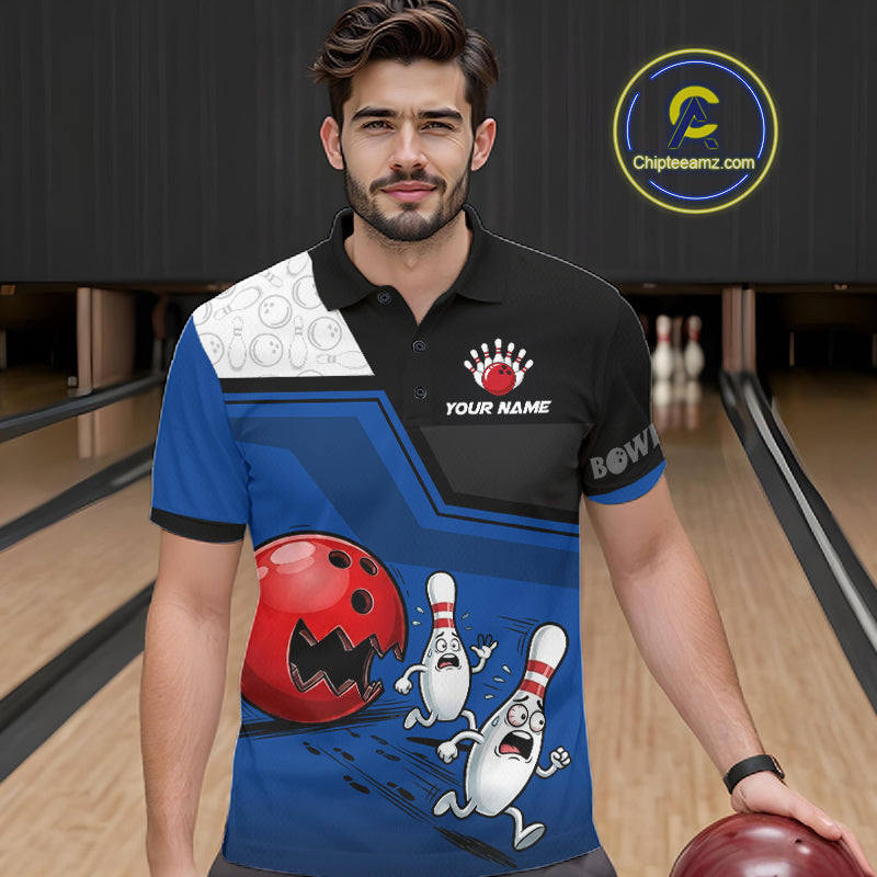 Custom Men Bowling Team Polo Shirt Blue Funny Pins Ball Design, Personalized Bowling Team Jersey NHT1560