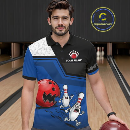 Custom Men Bowling Team Polo Shirt Blue Funny Pins Ball Design, Personalized Bowling Team Jersey NHT1560