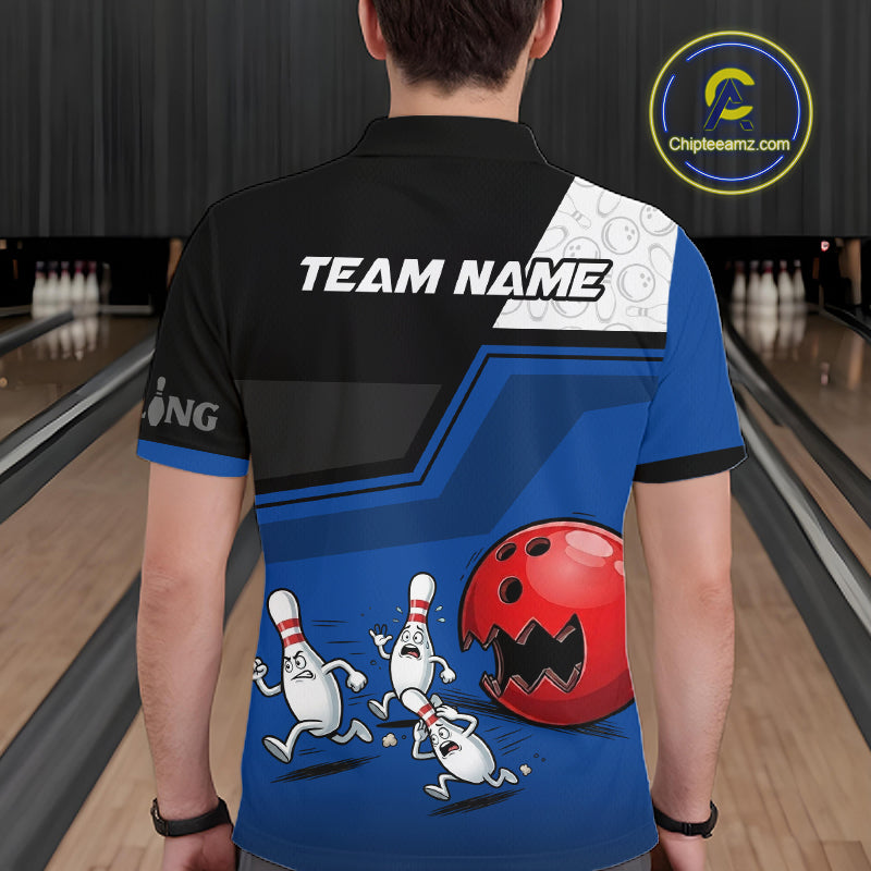 Custom Men Bowling Team Polo Shirt Blue Funny Pins Ball Design, Personalized Bowling Team Jersey NHT1560
