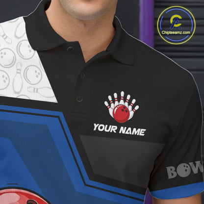 Custom Men Bowling Team Polo Shirt Blue Funny Pins Ball Design, Personalized Bowling Team Jersey NHT1560
