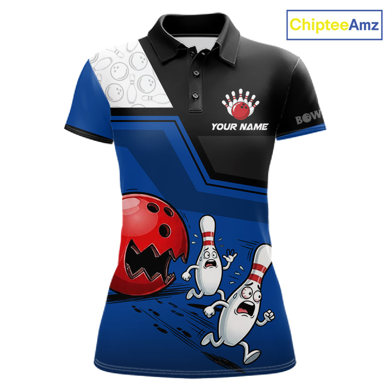 Custom Women Bowling Team Polo Shirt Blue Funny Pins Ball Design, Personalized Bowling Team Jersey NHT1560
