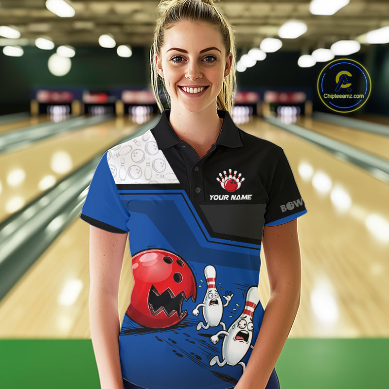 Custom Women Bowling Team Polo Shirt Blue Funny Pins Ball Design, Personalized Bowling Team Jersey NHT1560