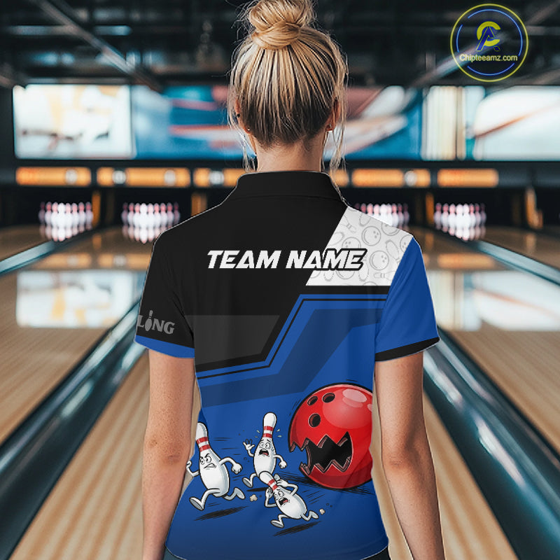 Custom Women Bowling Team Polo Shirt Blue Funny Pins Ball Design, Personalized Bowling Team Jersey NHT1560