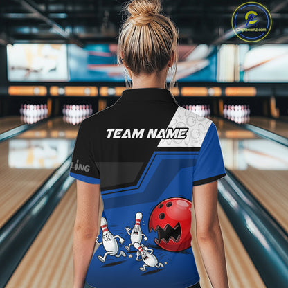 Custom Women Bowling Team Polo Shirt Blue Funny Pins Ball Design, Personalized Bowling Team Jersey NHT1560