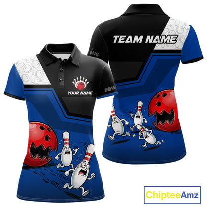 Custom Women Bowling Team Polo Shirt Blue Funny Pins Ball Design, Personalized Bowling Team Jersey NHT1560