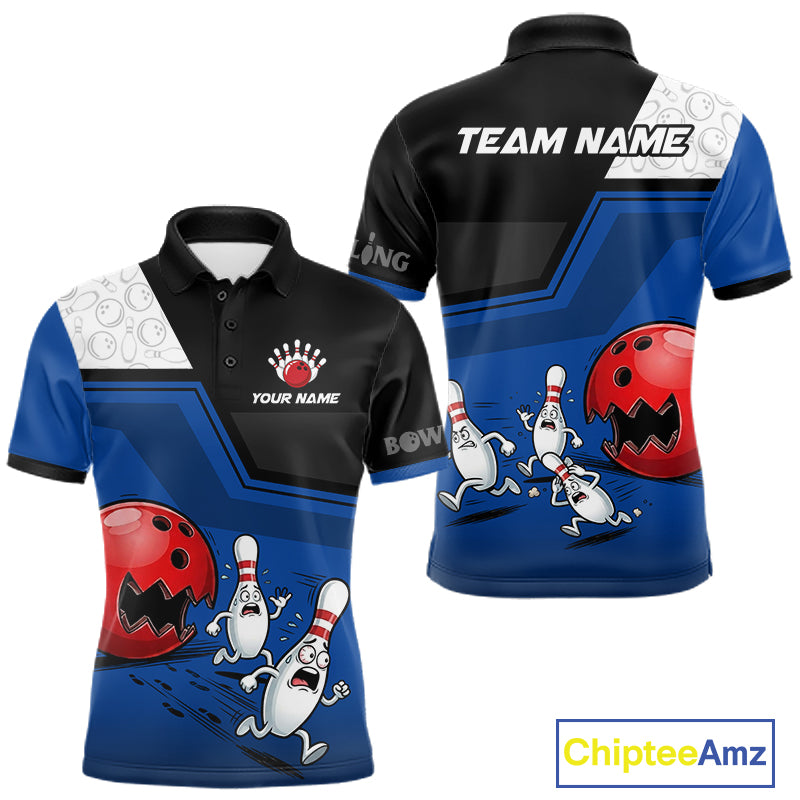 Custom Men Bowling Team Polo Shirt Blue Funny Pins Ball Design, Personalized Bowling Team Jersey NHT1560