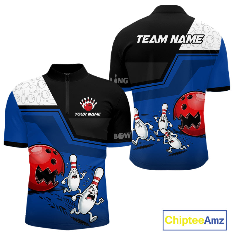 Custom Men Bowling Team Polo Shirt Blue Funny Pins Ball Design, Personalized Bowling Team Jersey NHT1560