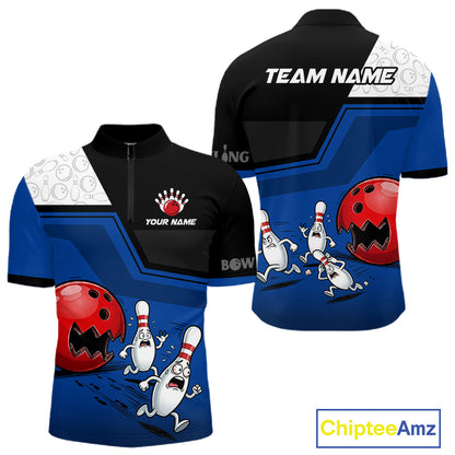 Custom Men Bowling Team Polo Shirt Blue Funny Pins Ball Design, Personalized Bowling Team Jersey NHT1560
