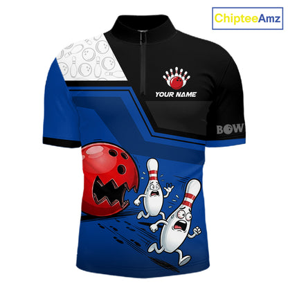 Custom Men Bowling Team Polo Shirt Blue Funny Pins Ball Design, Personalized Bowling Team Jersey NHT1560