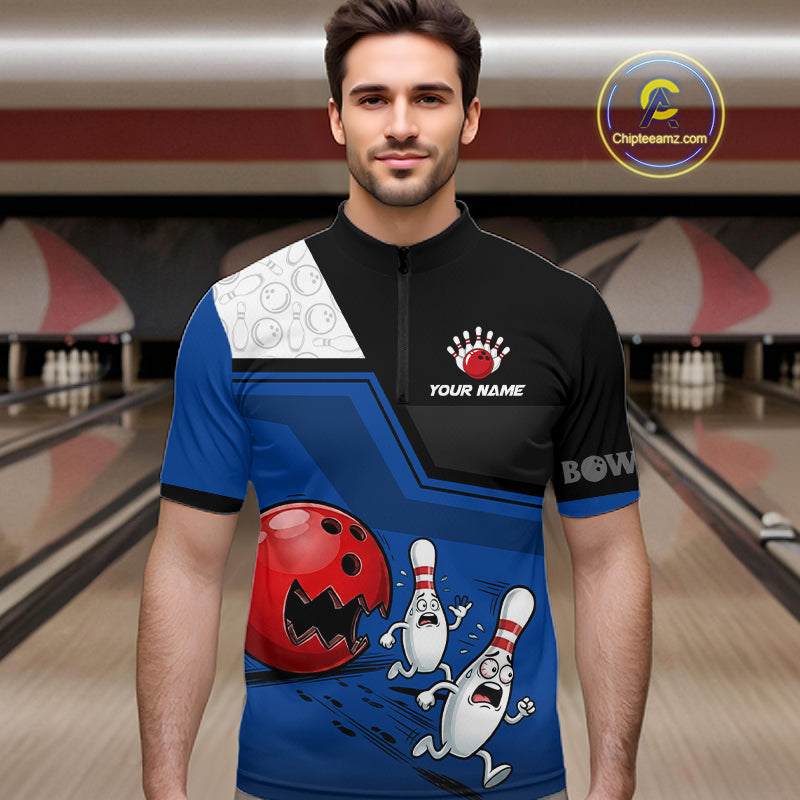 Custom Men Bowling Team Polo Shirt Blue Funny Pins Ball Design, Personalized Bowling Team Jersey NHT1560