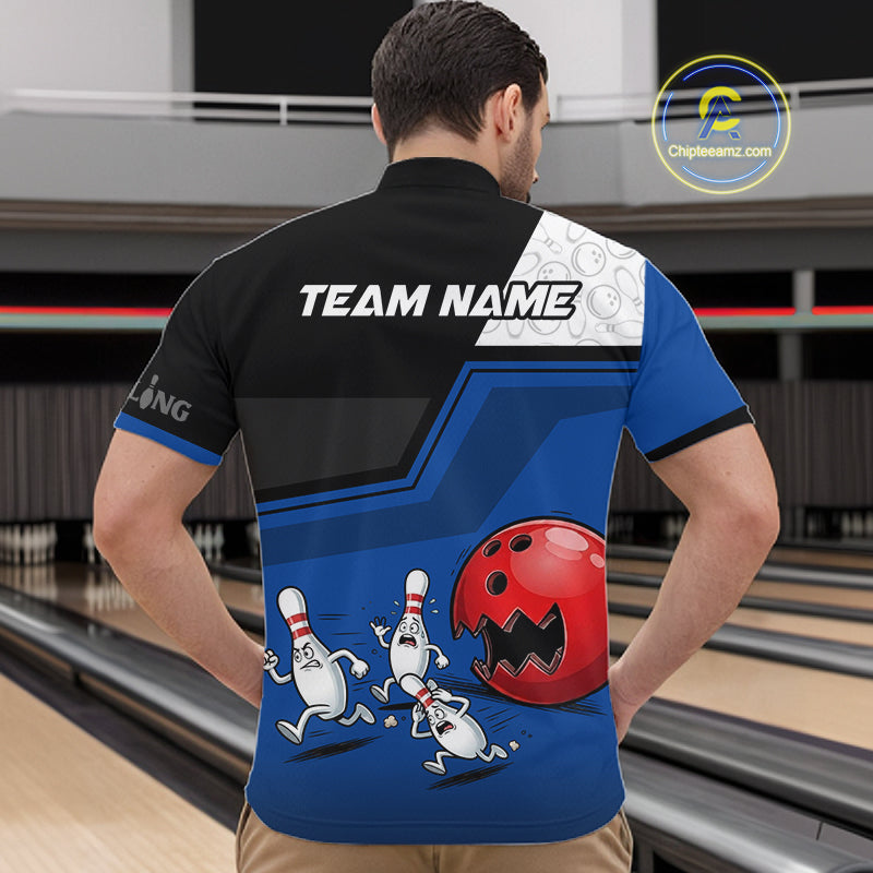 Custom Men Bowling Team Polo Shirt Blue Funny Pins Ball Design, Personalized Bowling Team Jersey NHT1560