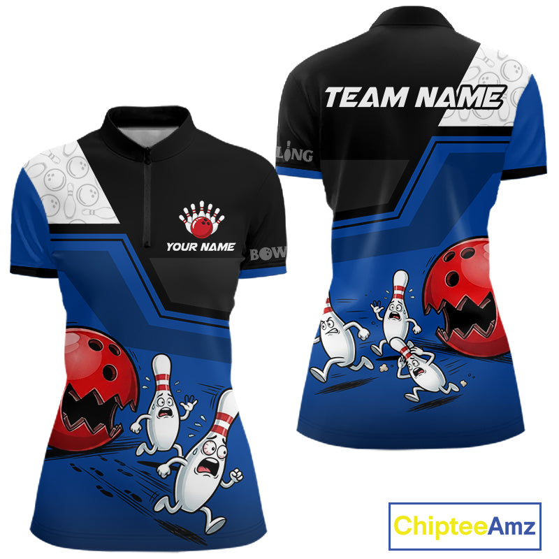 Custom Women Bowling Team Polo Shirt Blue Funny Pins Ball Design, Personalized Bowling Team Jersey NHT1560