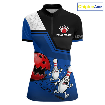 Custom Women Bowling Team Polo Shirt Blue Funny Pins Ball Design, Personalized Bowling Team Jersey NHT1560