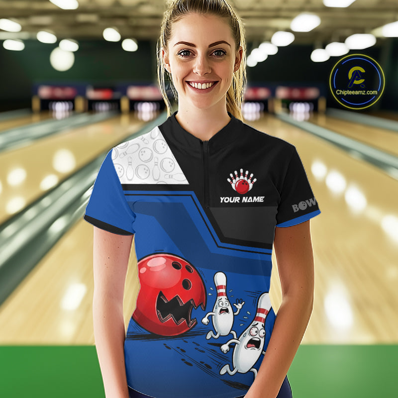 Custom Women Bowling Team Polo Shirt Blue Funny Pins Ball Design, Personalized Bowling Team Jersey NHT1560