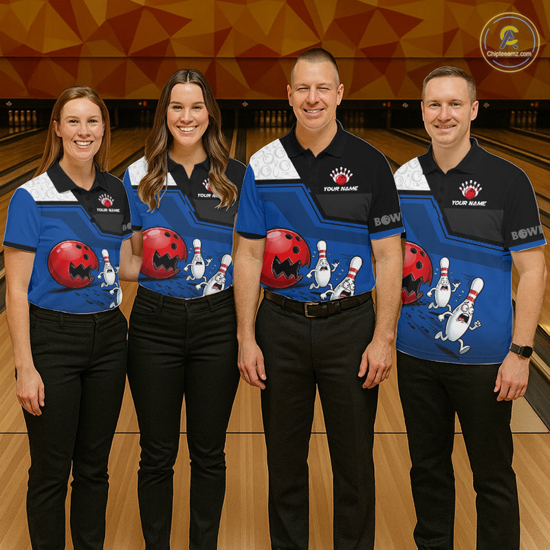 Custom Men Bowling Team Polo Shirt Blue Funny Pins Ball Design, Personalized Bowling Team Jersey NHT1560