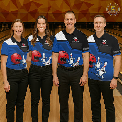 Custom Men Bowling Team Polo Shirt Blue Funny Pins Ball Design, Personalized Bowling Team Jersey NHT1560
