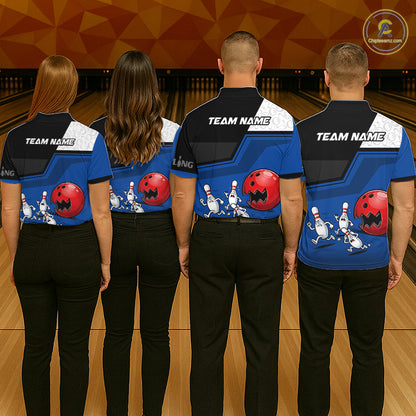 Custom Women Bowling Team Polo Shirt Blue Funny Pins Ball Design, Personalized Bowling Team Jersey NHT1560