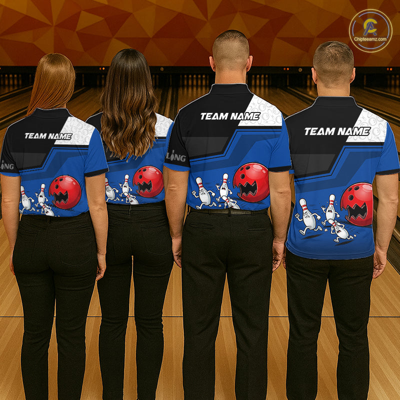 Custom Men Bowling Team Polo Shirt Blue Funny Pins Ball Design, Personalized Bowling Team Jersey NHT1560