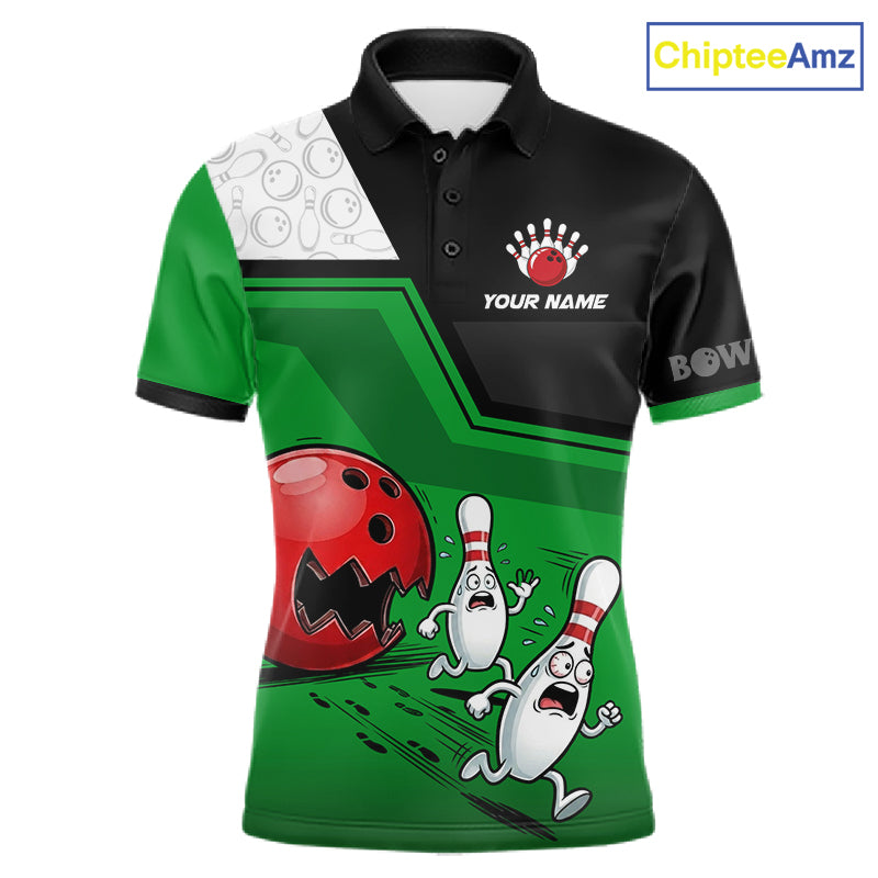 Custom Men Bowling Team Polo Shirt Green Funny Pins Ball Design, Personalized Bowling Team Jersey NHT1561