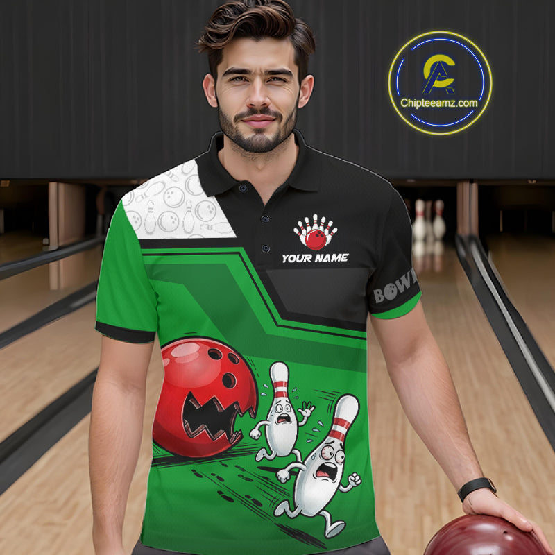 Custom Men Bowling Team Polo Shirt Green Funny Pins Ball Design, Personalized Bowling Team Jersey NHT1561