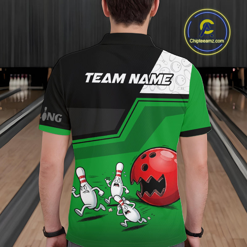 Custom Men Bowling Team Polo Shirt Green Funny Pins Ball Design, Personalized Bowling Team Jersey NHT1561