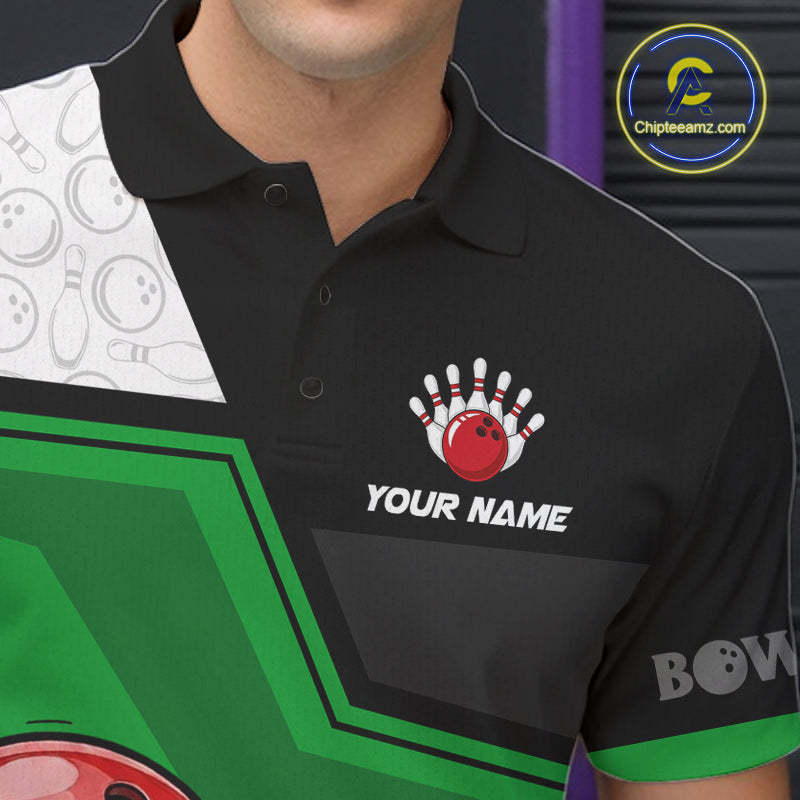 Custom Men Bowling Team Polo Shirt Green Funny Pins Ball Design, Personalized Bowling Team Jersey NHT1561