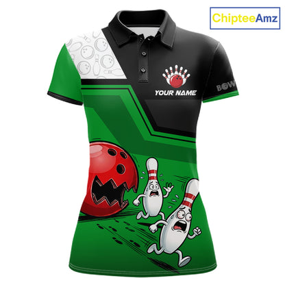 Custom Women Bowling Team Polo Shirt Green Funny Pins Ball Design, Personalized Bowling Team Jersey NHT1561