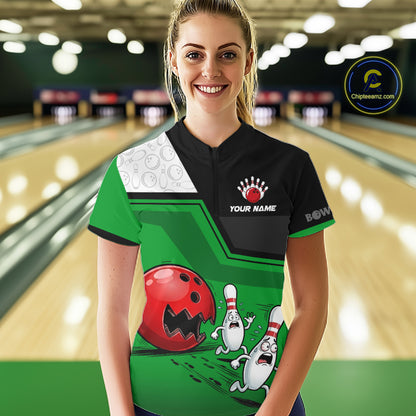 Custom Women Bowling Team Polo Shirt Green Funny Pins Ball Design, Personalized Bowling Team Jersey NHT1561