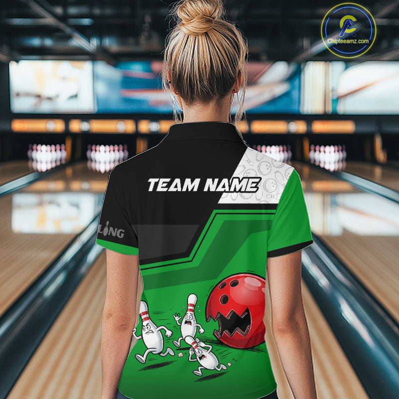 Custom Women Bowling Team Polo Shirt Green Funny Pins Ball Design, Personalized Bowling Team Jersey NHT1561