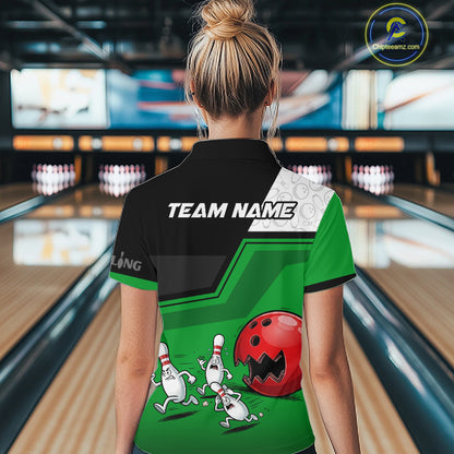 Custom Women Bowling Team Polo Shirt Green Funny Pins Ball Design, Personalized Bowling Team Jersey NHT1561