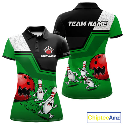 Custom Women Bowling Team Polo Shirt Green Funny Pins Ball Design, Personalized Bowling Team Jersey NHT1561