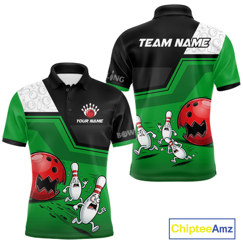Custom Men Bowling Team Polo Shirt Green Funny Pins Ball Design, Personalized Bowling Team Jersey NHT1561
