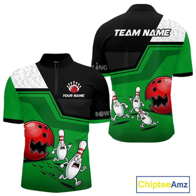 Custom Men Bowling Team Polo Shirt Green Funny Pins Ball Design, Personalized Bowling Team Jersey NHT1561