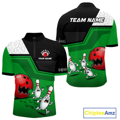 Custom Men Bowling Team Polo Shirt Green Funny Pins Ball Design, Personalized Bowling Team Jersey NHT1561