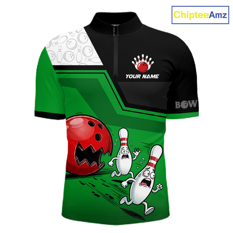 Custom Men Bowling Team Polo Shirt Green Funny Pins Ball Design, Personalized Bowling Team Jersey NHT1561