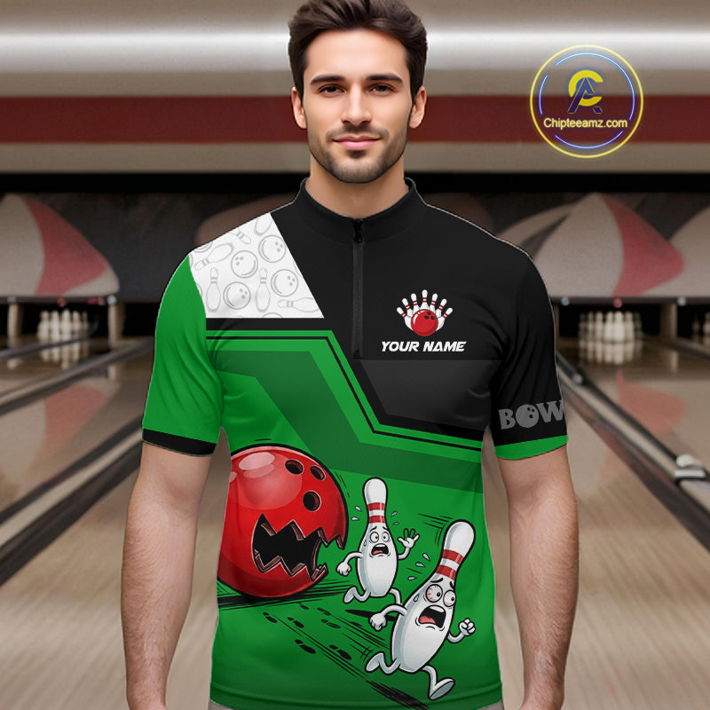Custom Men Bowling Team Polo Shirt Green Funny Pins Ball Design, Personalized Bowling Team Jersey NHT1561
