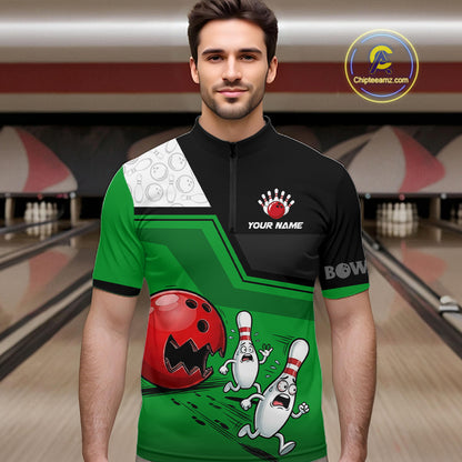 Custom Men Bowling Team Polo Shirt Green Funny Pins Ball Design, Personalized Bowling Team Jersey NHT1561