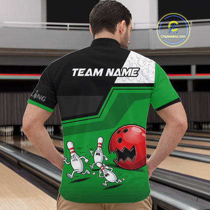 Custom Men Bowling Team Polo Shirt Green Funny Pins Ball Design, Personalized Bowling Team Jersey NHT1561