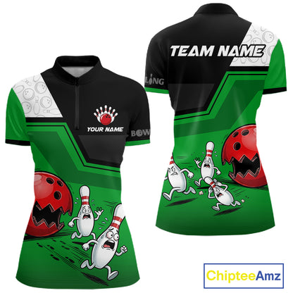 Custom Women Bowling Team Polo Shirt Green Funny Pins Ball Design, Personalized Bowling Team Jersey NHT1561