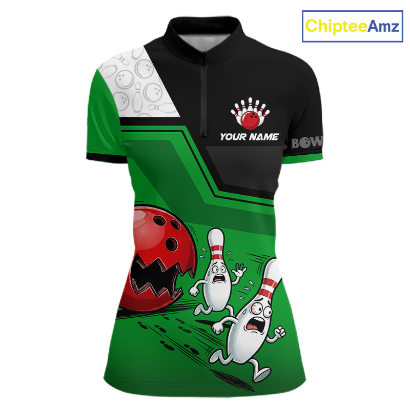 Custom Women Bowling Team Polo Shirt Green Funny Pins Ball Design, Personalized Bowling Team Jersey NHT1561
