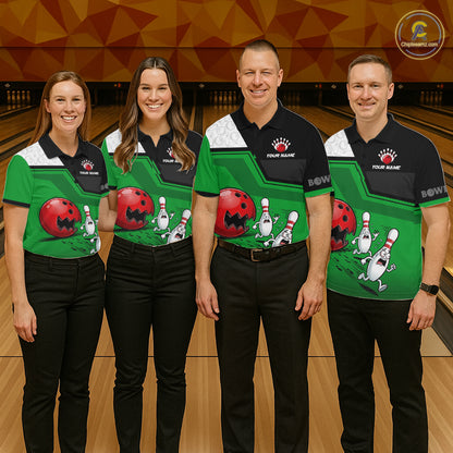 Custom Men Bowling Team Polo Shirt Green Funny Pins Ball Design, Personalized Bowling Team Jersey NHT1561