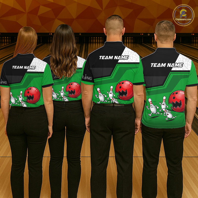 Custom Women Bowling Team Polo Shirt Green Funny Pins Ball Design, Personalized Bowling Team Jersey NHT1561