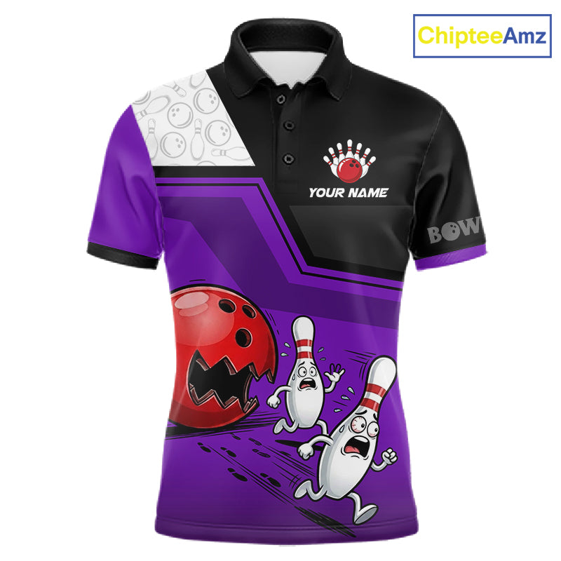 Custom Men Bowling Team Polo Shirt Purple Funny Pins Ball Design, Personalized Bowling Team Jersey NHT1562