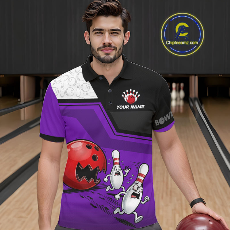 Custom Men Bowling Team Polo Shirt Purple Funny Pins Ball Design, Personalized Bowling Team Jersey NHT1562