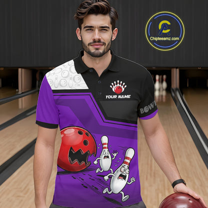 Custom Men Bowling Team Polo Shirt Purple Funny Pins Ball Design, Personalized Bowling Team Jersey NHT1562