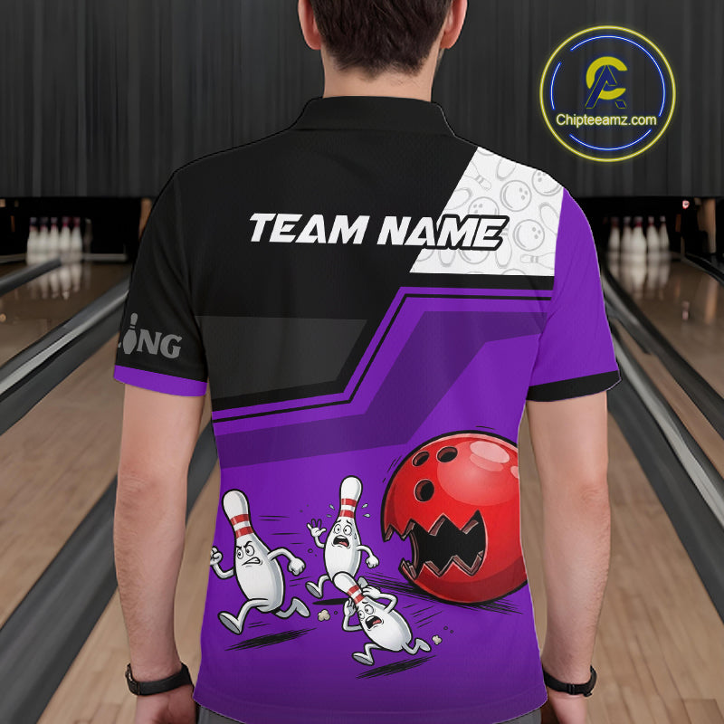 Custom Men Bowling Team Polo Shirt Purple Funny Pins Ball Design, Personalized Bowling Team Jersey NHT1562