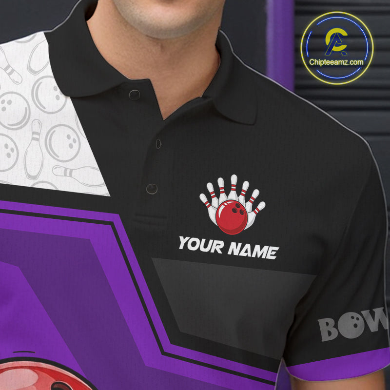 Custom Men Bowling Team Polo Shirt Purple Funny Pins Ball Design, Personalized Bowling Team Jersey NHT1562