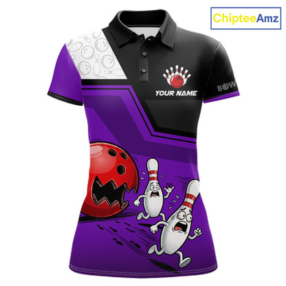 Custom Women Bowling Team Polo Shirt Purple Funny Pins Ball Design, Personalized Bowling Team Jersey NHT1562